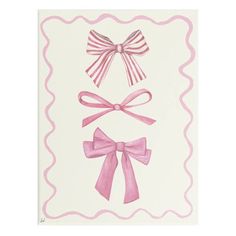 a card with pink bows and scalloped edges on it's front side