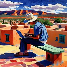 a painting of a man sitting on a bench using a laptop