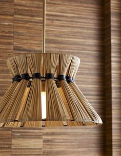 a light that is hanging from a ceiling fixture in a room with wood paneling