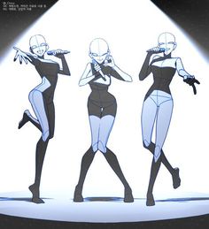 three women in bodysuits are standing under a spotlight