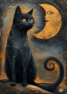 a black cat sitting in front of a full moon