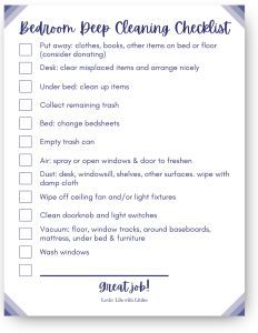 the bed room deep cleaning checklist is shown in blue and white with purple trim