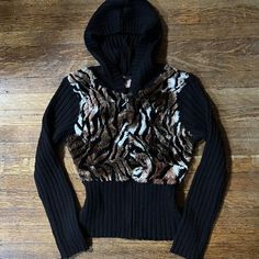 Tiger print faux fur zip up sweater. Hooded. 2000s... - Depop