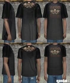 four different views of the front and back of a black shirt with gold lettering on it