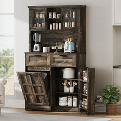 an open cabinet in a living room filled with items