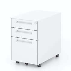 a white filing cabinet with three drawers on wheels