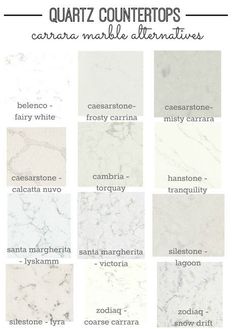 marble countertops that are white and gray with different names on them, including the names for