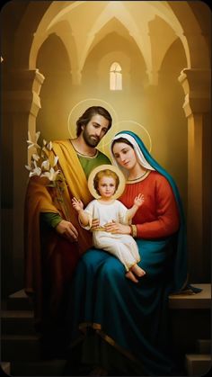 a painting of jesus and mary holding a child in their lap with the light shining on them