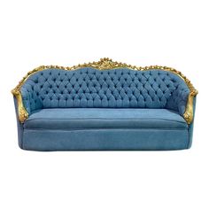 Beautiful French sofa/sofa in new 24K gold leaf + padding and new light blue velvet upholstery. Very comfortable and ready for daily use.  Dimension: 42.5"H x 90"W x 36"D. Seat Height 17" Light Blue Velvet, Velvet Tufted Sofa, French Baroque, French Sofa, Sofa Sofa, Tufted Sofa, Baroque Style, Velvet Upholstery, Baroque Fashion