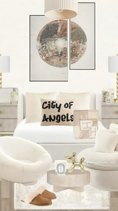 a bedroom with white furniture and pictures on the wall above it that says city of angels