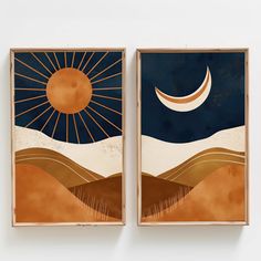 two framed paintings on the wall with an orange sun and a blue sky above them