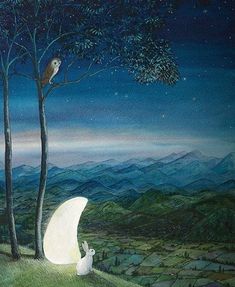 a painting of a cat sitting on top of a hill under a tree at night