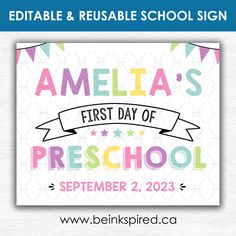 the first day of school sign is shown with colorful stars and ribbons on white paper