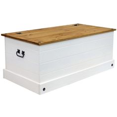 a white storage box with wood top and handles