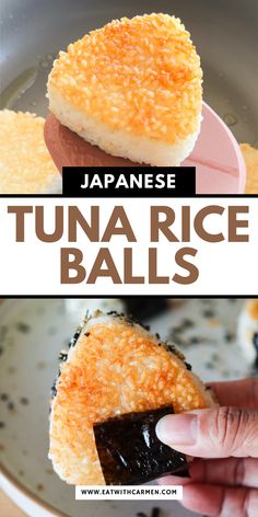 japanese tuna rice balls in a pan with text overlay that reads, japan rice balls