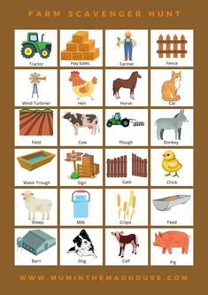 the farm scavenger hunt game is shown with pictures of farm animals and livestock