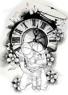 an ink drawing of two people hugging in front of a large clock with flowers around it