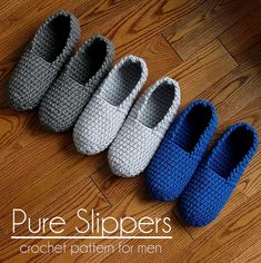 four crocheted slippers are lined up on the floor with text that reads, pure slippers crochet pattern for men