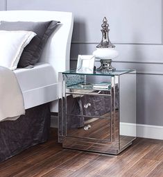 Nysa Mirrored & Faux Crystals Accent Table - Ornate Home Glass Nightstand, Drawer Construction, Contemporary Nightstand, Floor Shelf, Wooden Nightstand, Ornate Furniture, 2 Drawer Nightstand, Mirrored Nightstand, Acme Furniture