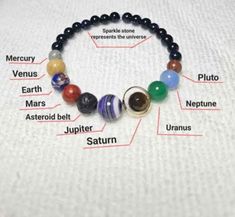 Makes a great gift! Wear the solar system on your wrist! On these bracelets is a bead representing each of the planets in our solar system, including Saturn's ring and the dwarf planet Pluto.  There is a bead representing the asteroid belt and sparkle goldstone representing the rest of our universe.  I create each of these bracelets individually with material from local bead shops. Planet Bracelet, Solar System Bracelet, Asteroid Belt, Our Universe, The Planets, The Solar System, Our Solar System, Bead Shop, Crafty Things