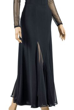 a mannequin wearing a black dress with sheer sleeves and an open slited skirt