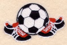 a soccer ball and glove with the word mary ann on it, embroidered onto a white background