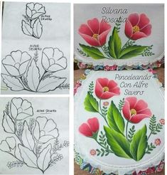 three different pictures of flowers and leaves on paper