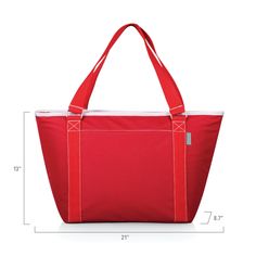 a red tote bag is shown with measurements for the bottom and side zippers