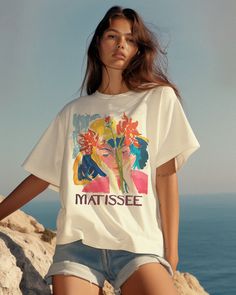 Henri Matisse Floral Spring Graphic Tee, Botanical Art Lovers Chic Flower Graphic T-shirt, Unisex Soft Cotton, Vibrant Pastel, Vintage Style - Etsy Tropical Crew Neck Tops For Spring, Multicolor Tops With Front Print For Summer, Multicolor Graphic Tee For Summer, Tropical Style Tops With Graphic Print And Relaxed Fit, Tropical Style Relaxed Fit Top With Graphic Print, Artsy Spring Tops With Graphic Print, Artsy Graphic Print Tops For Spring, Artsy Spring Top With Graphic Print, Artsy Printed Summer Tops