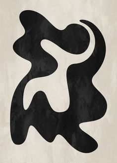 an abstract black and white painting with the shape of a woman's head on a beige background