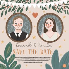 an illustrated save the date card with two people in front of leaves and bunting