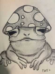 a drawing of a frog wearing glasses and a mushroom hat