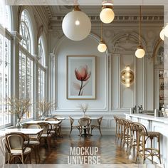 the interior of a restaurant with tables and chairs