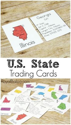 the u s state trading cards on a wooden table with text overlay that reads us state trading cards