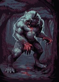 an old pixel art style image of a creature in the woods with blood on its face