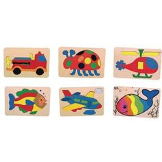 four wooden puzzles with different shapes and colors, each featuring an airplane, helicopter, fish, and plane