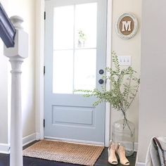 a blue front door with a plant and shoes on the floor in front of it