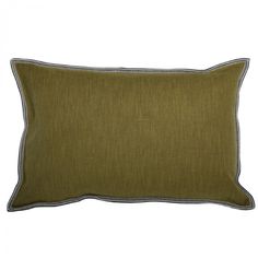 an olive green pillow with silver piping on the front and side, sitting against a white background