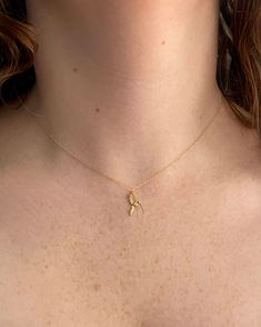 Delicate humming bird necklace with 0.02ctw diamond. Pendant hangs 1/2" on 16" chain. 14k yellow gold, made in Nashville, TN. By Robin Haley Jewelry Delicate, Gold Flower Necklace, Hummingbird Necklace, Neck Pieces Jewelry, Dope Jewelry