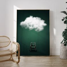 a chair sitting in front of a green wall with a white cloud floating over it