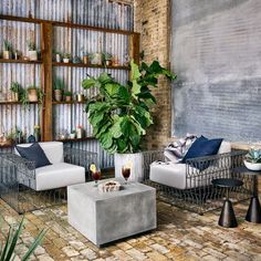 a living room filled with furniture next to a wall covered in potted greenery