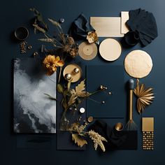 an assortment of gold and black items on a dark background with space for the text