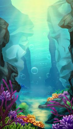 an underwater scene with rocks and corals