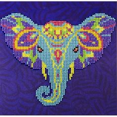 an elephant is made out of beads on a purple background with blue and yellow colors