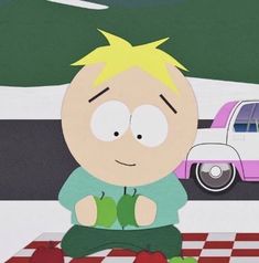 a cartoon character sitting on the ground in front of a pink car, with his eyes closed