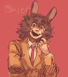 a drawing of a man in a suit and bunny ears holding a cell phone to his ear