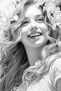 a black and white drawing of a woman with flowers in her hair smiling at the camera