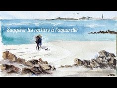 a watercolor painting of two people walking on the beach with a dog in front of them