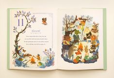 an open children's book with illustrations of animals and people in the forest on it