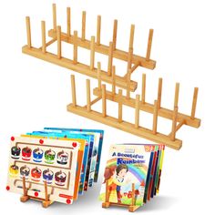 a set of wooden pegs with books on them and an image of a children's book rack